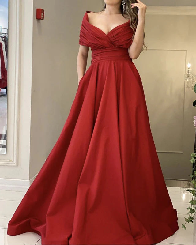 A-line Off The Shoulder Long Satin Prom Dresses